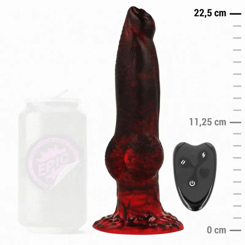 Gode vibrant rouge mythologie grecque en silicone, forme réaliste, télécommande noire, dimensions 22,5 cm, rechargeable.