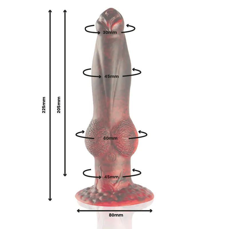 Gode vibrant télécommandé rouge en silicone, inspiré mythologie grecque, forme réaliste, dimensions variées, base stable.