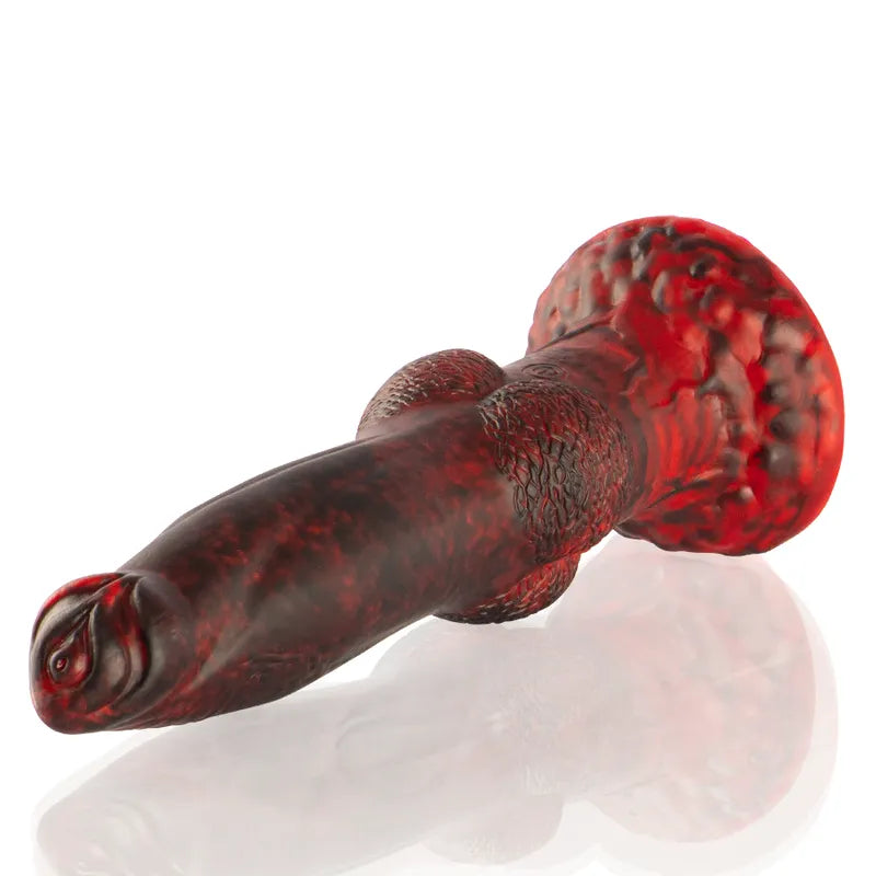 Gode vibrant rouge en silicone inspiré de la mythologie grecque, texture réaliste, télécommande sans fil.