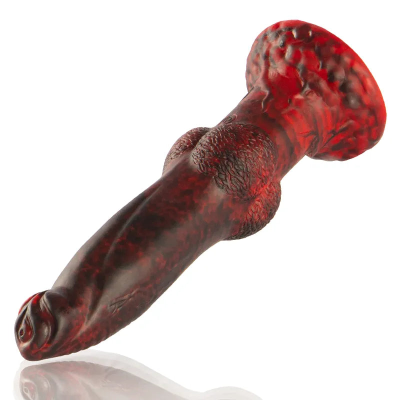 Gode vibrant rouge en silicone inspiré de la mythologie grecque, forme réaliste, texture douce, télécommande incluse.