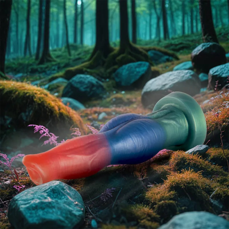 Gode vibrant en silicone multicolore, forme ergonomique, inspiré mythologie grecque, forêt en arrière-plan.
