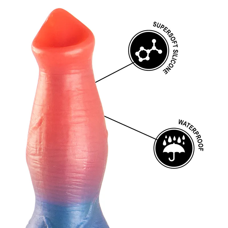 Gode vibrant silicone multicolore, forme ergonomique, détails mythologiques, télécommande, rechargeable, silencieux.