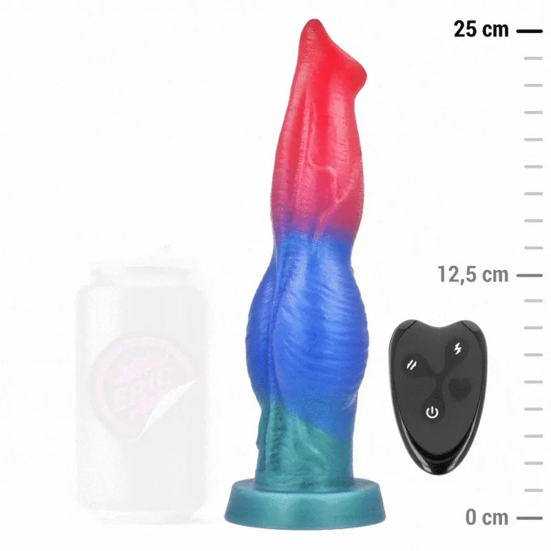Gode vibrant Arion en silicone, rouge et bleu, forme ergonomique, télécommande noire, inspiré de la mythologie grecque.