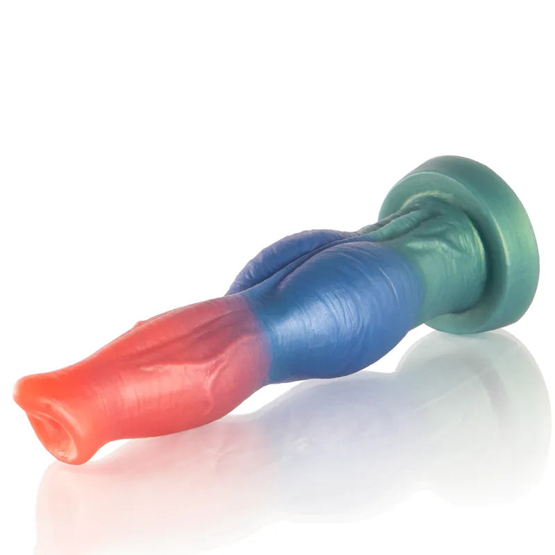 Gode vibrant télécommandé en silicone multicolore, forme ergonomique, inspiré de la mythologie grecque, luxe et puissance.