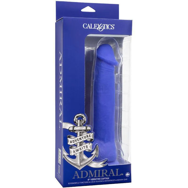 Gode vibrant bleu en silicone liquide avec ventouse, texture réaliste, dans un emballage transparent et bleu.