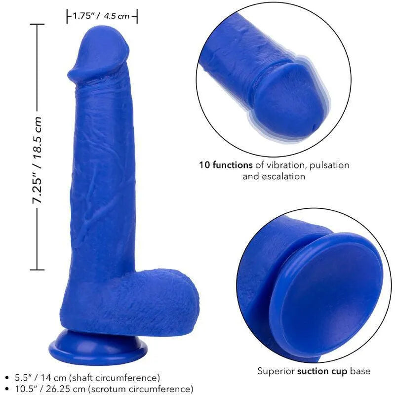 Gode vibrant bleu en silicone liquide avec ventouse, texture réaliste, étanche IPX7, 10 fonctions vibration, pulsation.