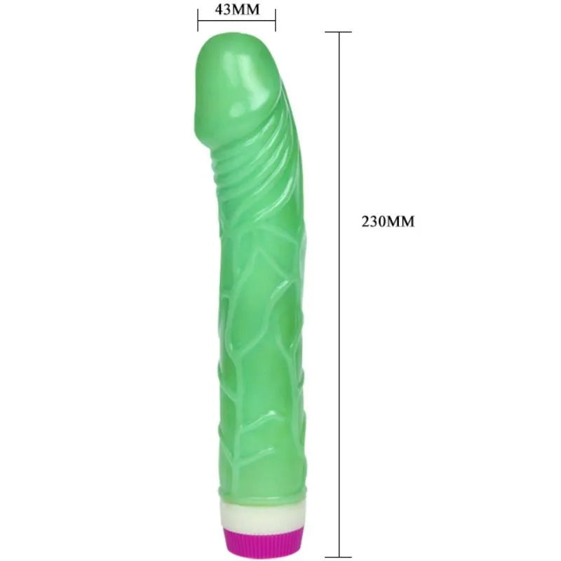 Gode vibrant vert réaliste 23cm, texture veinée, multivitesse, contrôleur ergonomique, compatible lubrifiant.