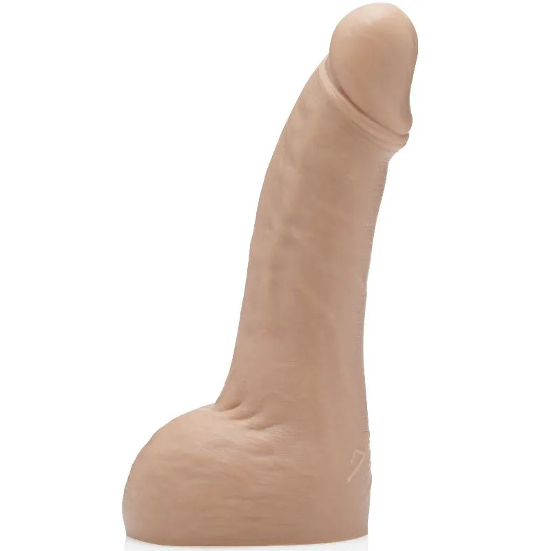Godemichet réaliste silicone platine, couleur chair, forme anatomique avec testicules, longueur totale 18,4 cm.