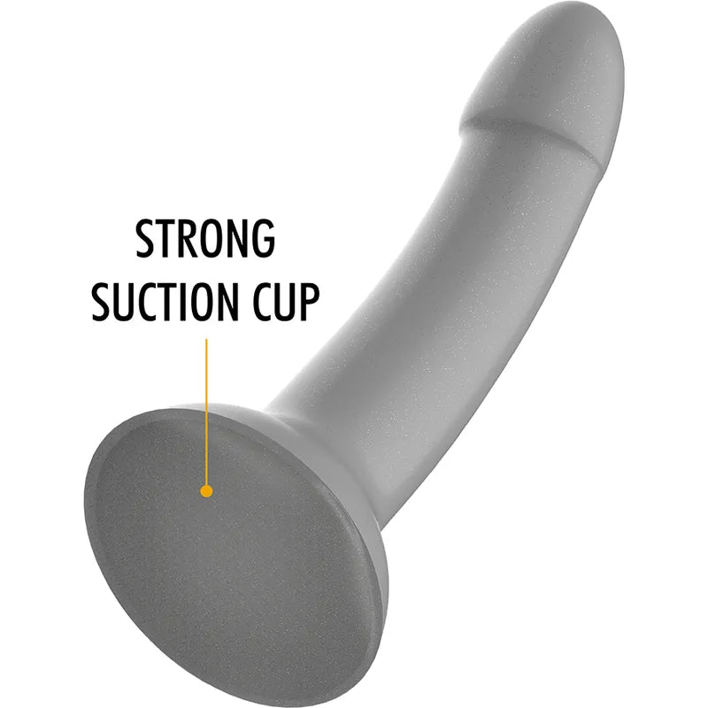 Godemichet argenté silicone médical, finition élégante, compatible harnais, longueur 15 cm, diamètre 3 cm.
