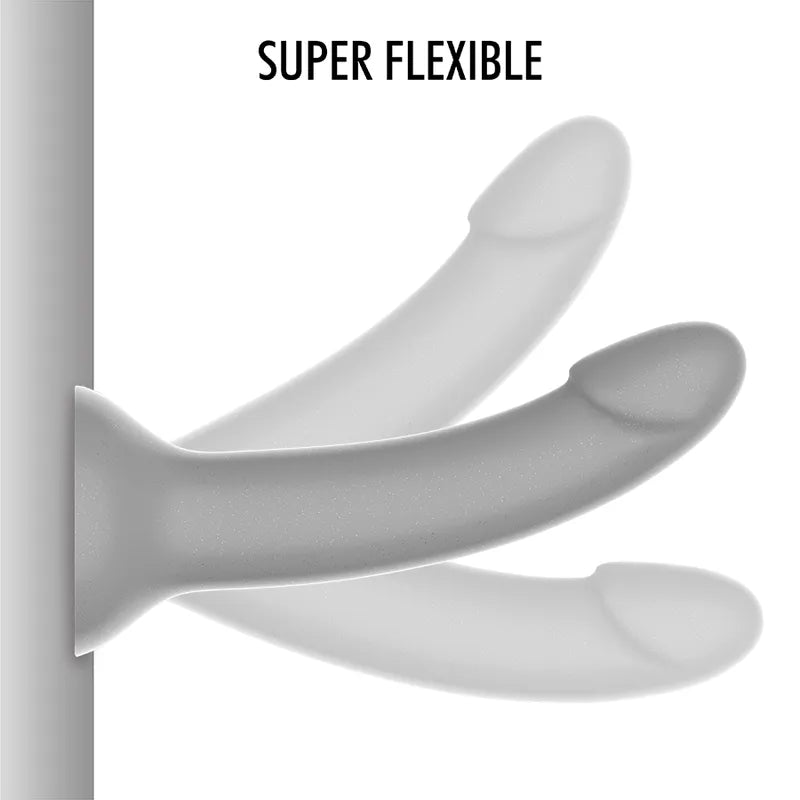 Godemichet argenté en silicone médical, finition élégante, flexible, compatible harnais, 15 cm de long, 3 cm de diamètre.