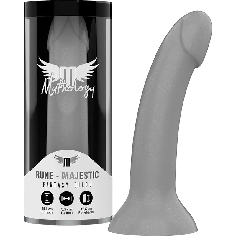 Godemichet argenté en silicone médical, finition élégante, compatible harnais, 15 cm de long, 3 cm de diamètre.