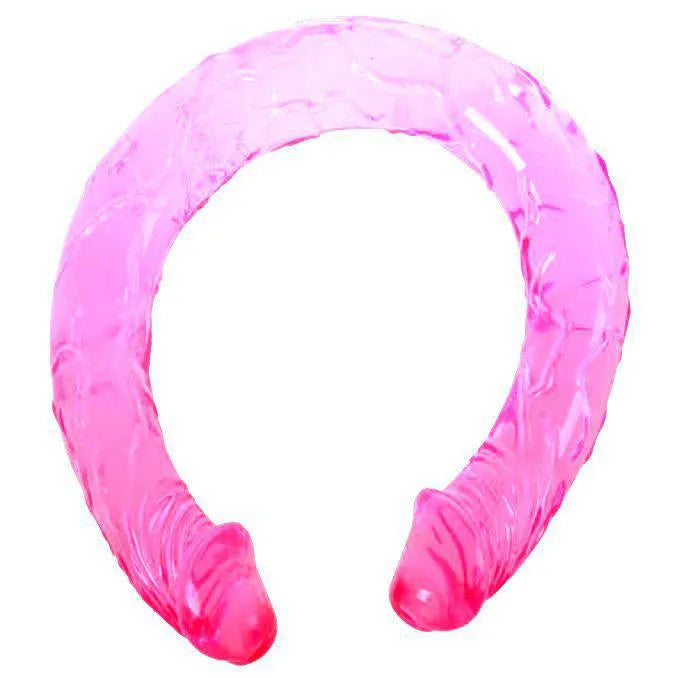 Godemichet double tête rose gélatineux, texture réaliste, flexible, 44 cm, pour pénétration vaginale et anale.