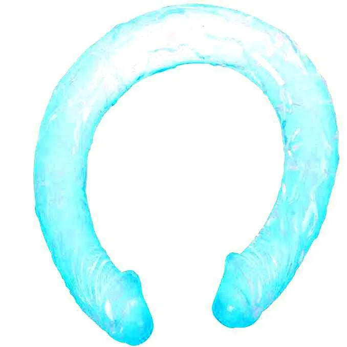 Godemichet double tête bleu gélatine souple, texture réaliste, flexible, idéal pour pénétration vaginale et anale.