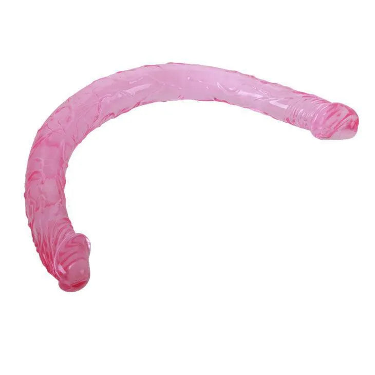 Godemichet double tête rose gélatine, texture réaliste, flexible, idéal pour sensations vaginales et anales intenses.