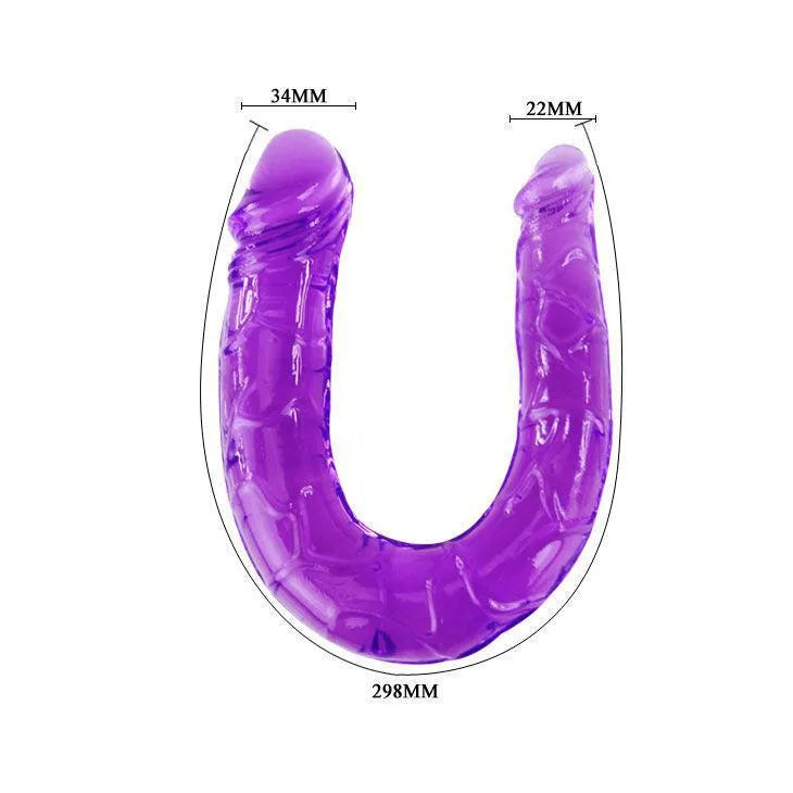 Godemichet double tête violet, gélatine ultra-souple, 290 mm, texture réaliste, pénétrations simultanées.