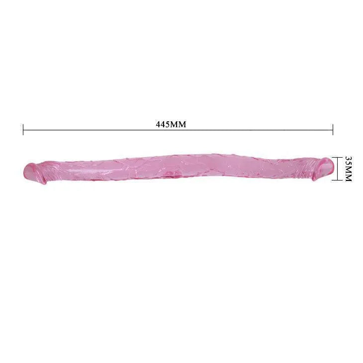 Godemichet double tête rose, gélatine flexible, texturé réaliste, 44cm de long, 35mm de large, plaisir vaginal et anal.
