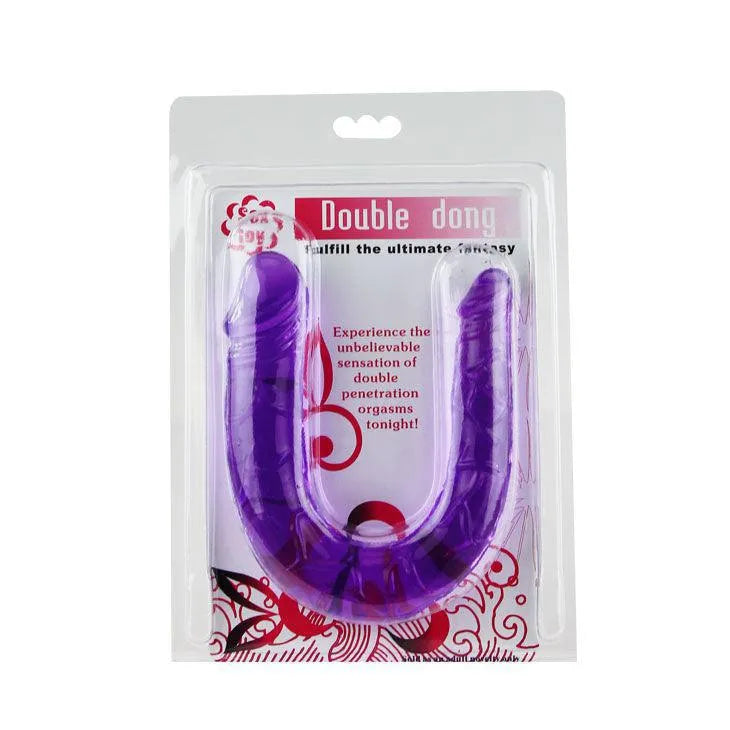Godemichet double tête violet en gélatine ultra-souple, 290 mm, texture réaliste pour pénétrations vaginales et anales.