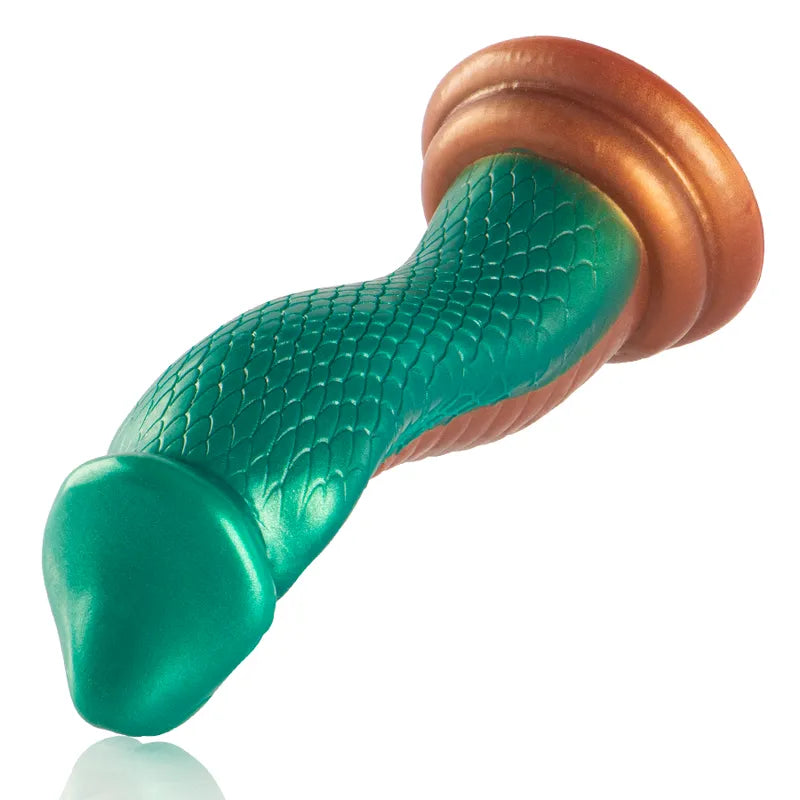 Godemichet silicone mythologie grecque, vert écailles, base antidérapante, forme sculptée, longueur 185mm, télécommande.