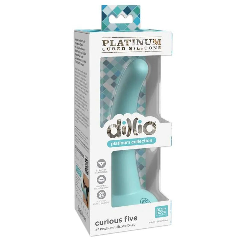 Godemichet silicone platine bleu avec ventouse, forme incurvée, emballage Dillio Platinum, qualité médicale.
