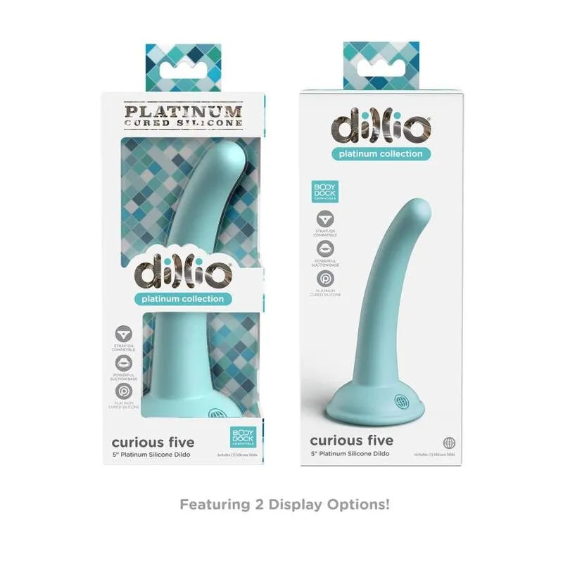 Godemichet silicone platine bleu avec ventouse, forme courbée, emballage Dillio Platinum, qualité médicale.