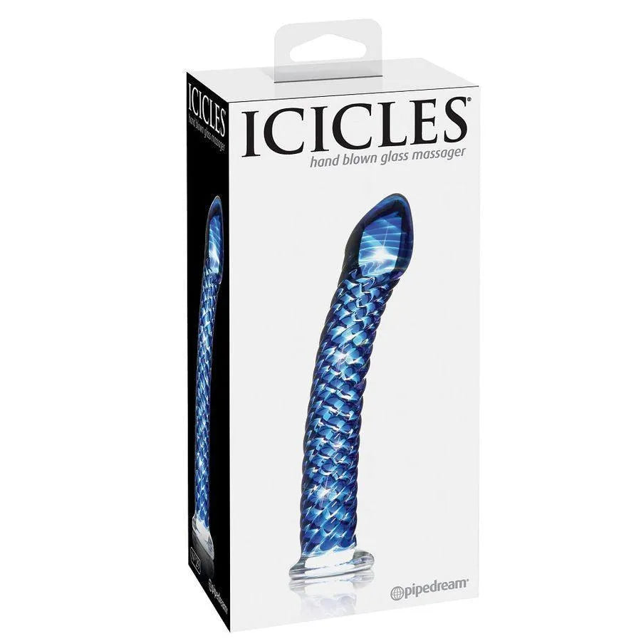 Godemichet en verre soufflé bleu, design ergonomique, texture torsadée, hypoallergénique, dans boîte élégante.