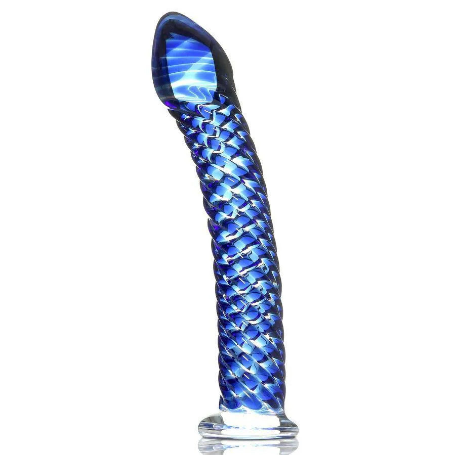 Godemichet en verre soufflé bleu, texture torsadée, design ergonomique, hypoallergénique, luxe artisanal.