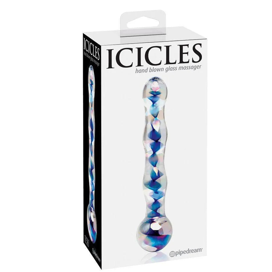 Godemichet en verre soufflé multicolore, finition brillante, forme ergonomique, sur fond blanc, dans boîte Icicles.