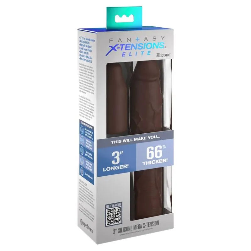 Extension pénienne réaliste en silicone marron, texturée, dans emballage transparent, détails réalistes, ultra-hygiénique.