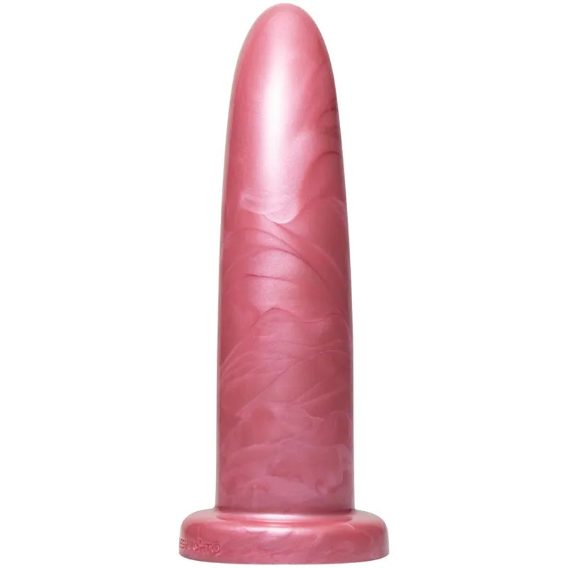 Godemichet rose en silicone platine incurvé, profilé pour point G, base large, surface lisse, hypoallergénique.