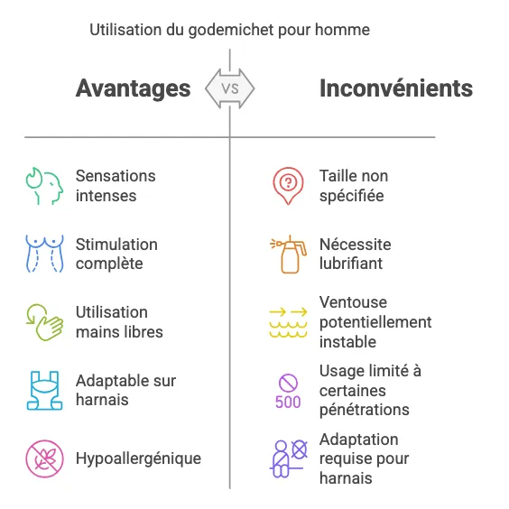 Tableau comparatif avantages et inconvénients du godemichet homme silicone hypoallergénique, fixation ventouse.