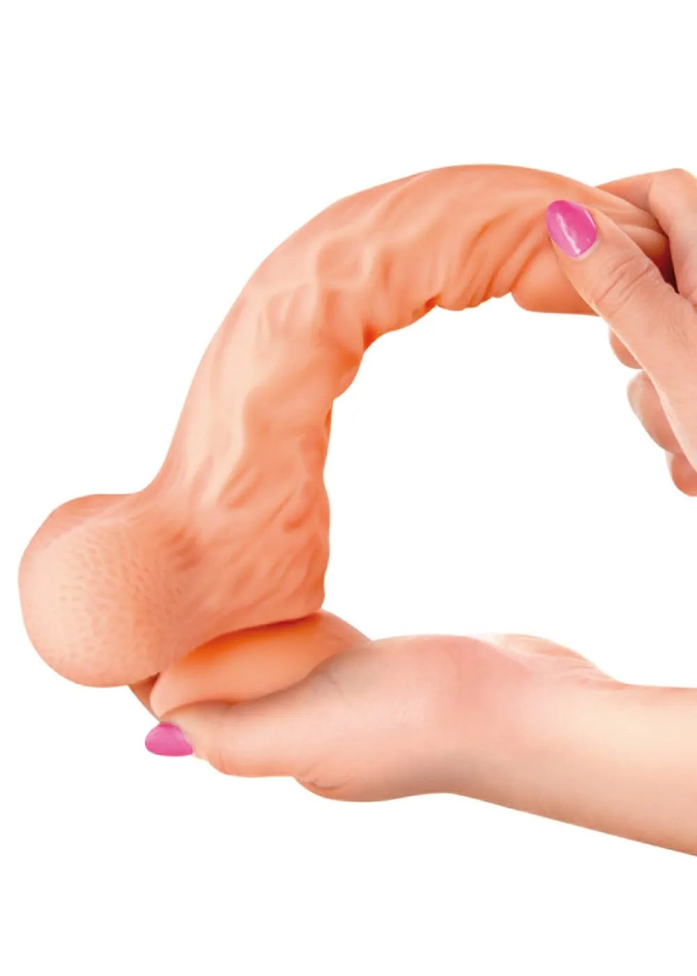 Godemichet réaliste veiné texture souple, couleur chair, avec testicules et ventouse puissante pour fixation stable.