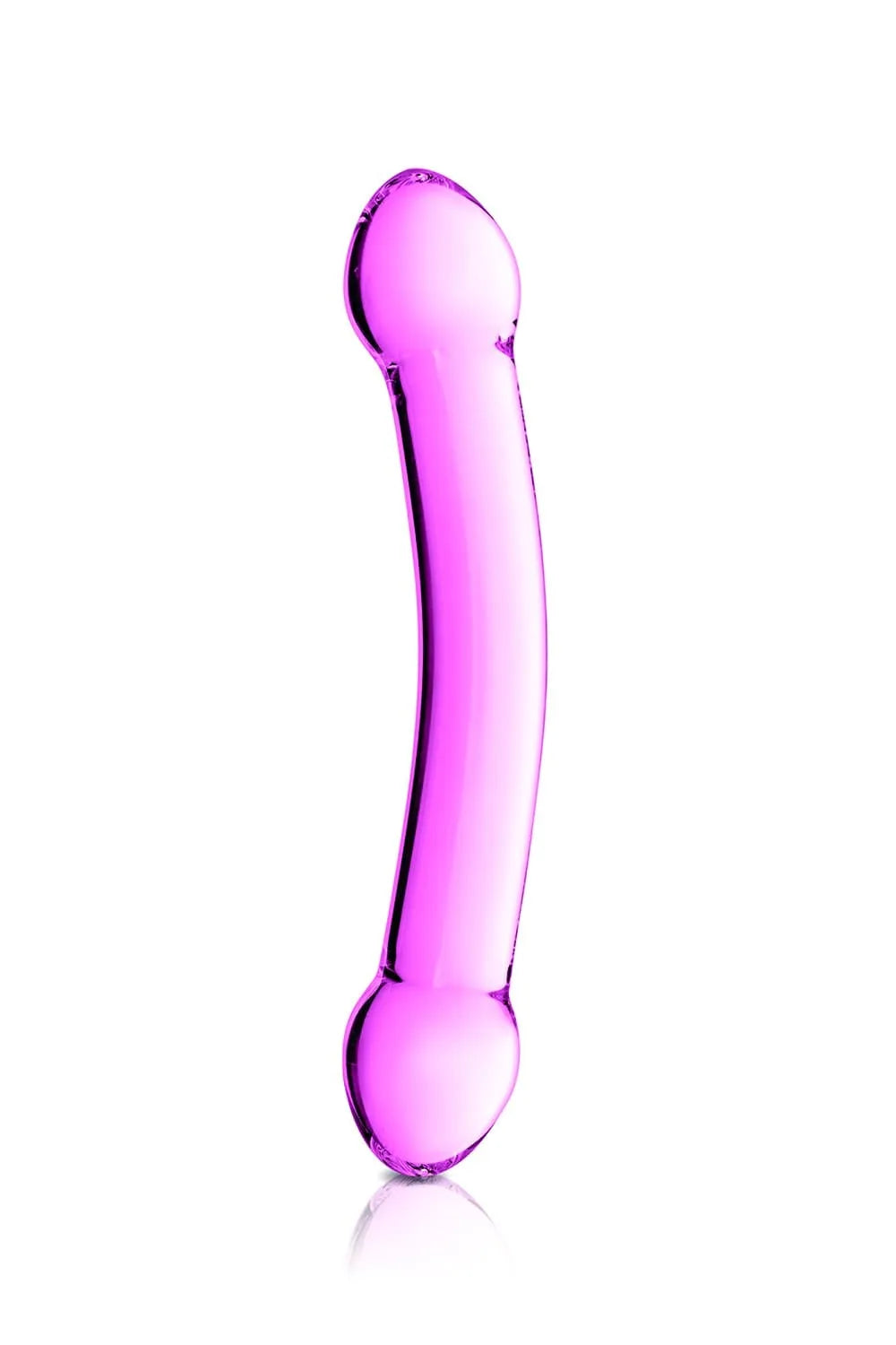 Double gode en verre rose, 195mm, diamètres 25-38mm, chauffable/réfrigérable, avec pochette velours.