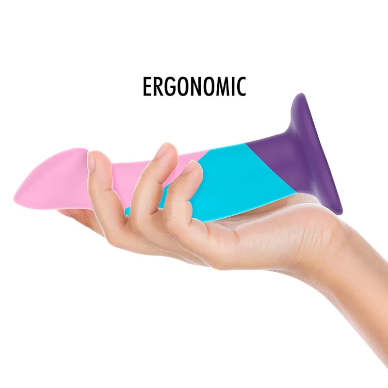 Godemichet pastel silicone doux, base aspiration, couleurs rose, bleu, violet, longueur 16cm, ergonomique, hypoallergénique.