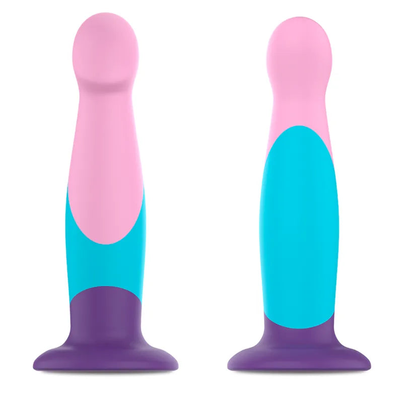 Godemichet pastel en silicone doux avec base d'aspiration, couleurs rose et bleu, forme ergonomique, fixation solide.