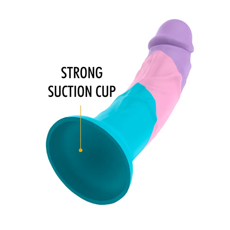 Godemichet silicone pastel flexible, taille M, 18 cm, base ventouse, couleurs bleu, rose, violet, ergonomique.