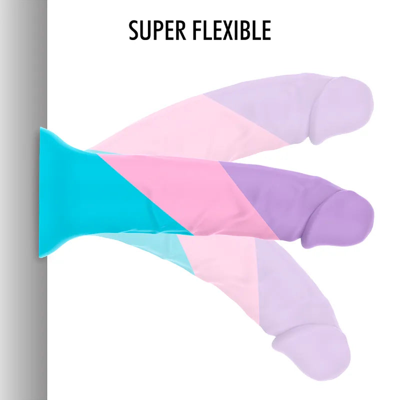 Godemichet silicone pastel flexible taille M, 18cm, base à forte aspiration, ergonomique, doux pour la peau.