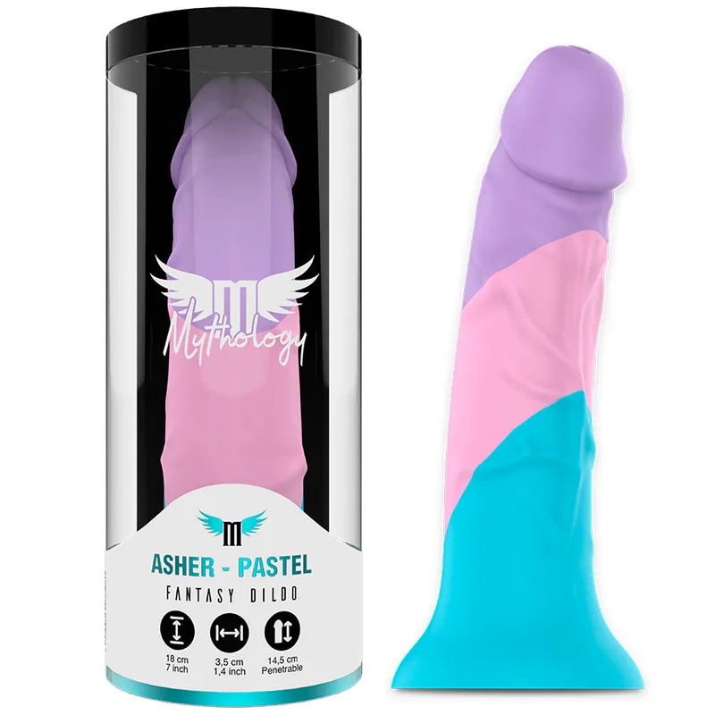 Godemichet pastel silicone taille M, couleurs violet, rose, bleu, base ventouse, longueur 18 cm, diamètre 3,5 cm.