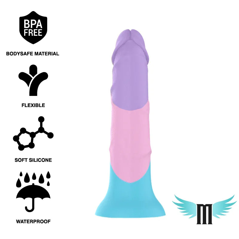 Godemichet silicone pastel, taille M, violet-rose-bleu, base ventouse, flexible, doux, 18 cm, matériau sûr peau.
