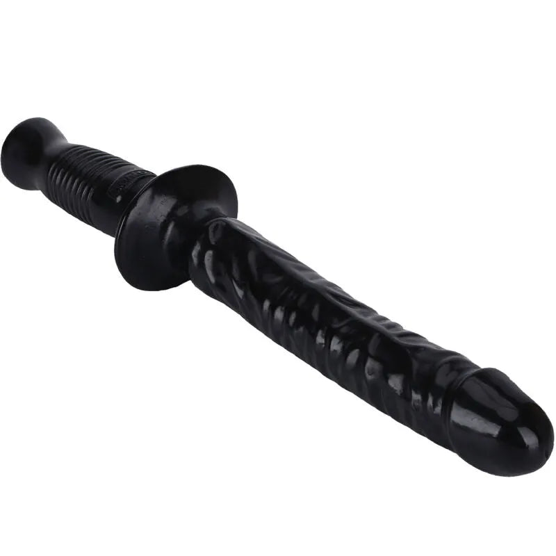Godemichet noir en PVC veiné, réaliste, sans phtalates, avec poignée ergonomique, longueur 38cm, diamètre 42mm.