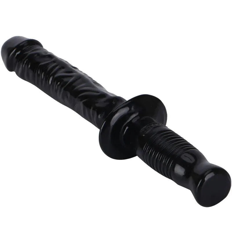 Godemichet PVC noir veiné réaliste, poignée ergonomique, longueur 38cm, diamètre 42mm, sans phtalates.