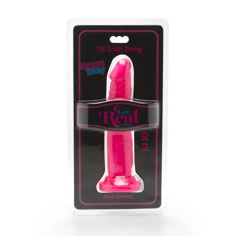 Godemichet réaliste rose 19 cm avec ventouse, texture douce, silhouette naturelle, emballage transparent.