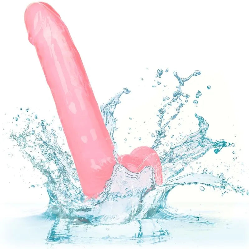 Godemichet réaliste rose 8 pouces TPR avec ventouse, texture ferme, immergé dans l'eau, étanche et polyvalent.