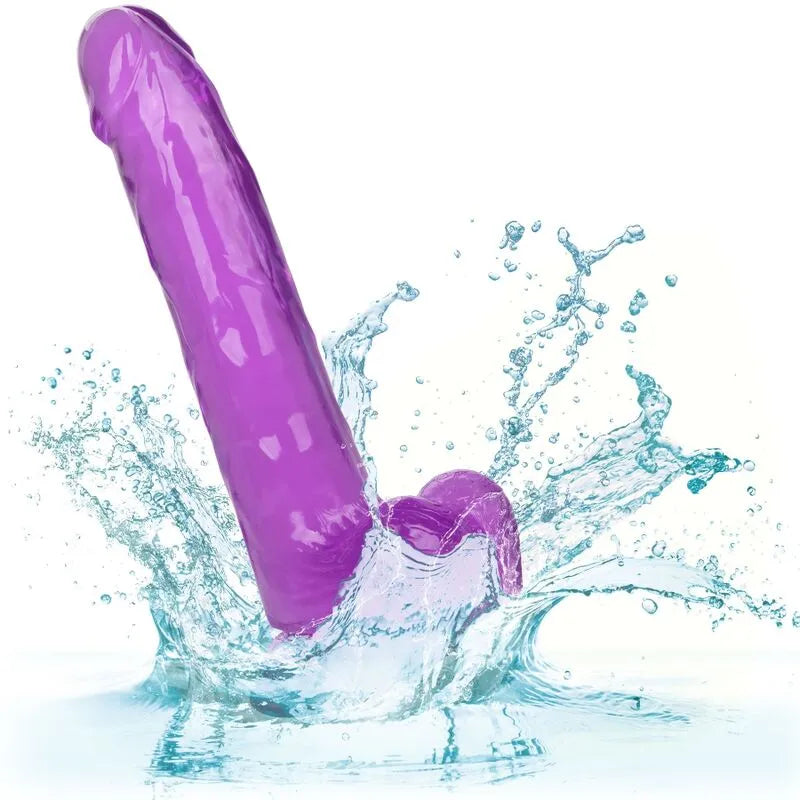 Godemichet réaliste violet 8 pouces TPR avec ventouse, texturé, flexible, étanche, hypoallergénique, compatible harnais.