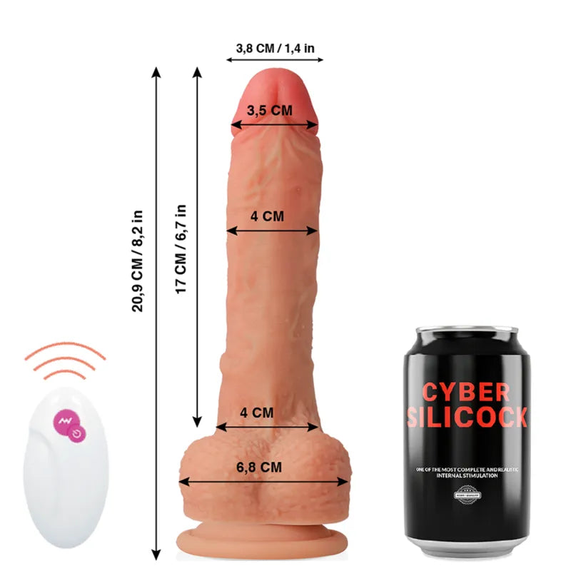 Godemichet réaliste silicone 17cm veiné avec ventouse, télécommande multifréquence, couleur chair, à côté d'une canette.