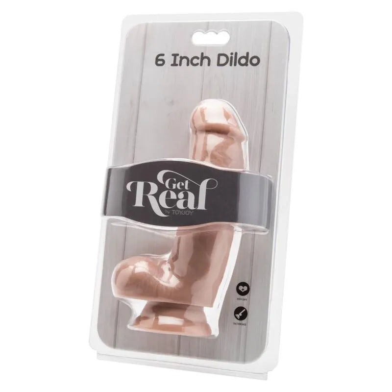 Godemichet réaliste beige en PVC sans phtalates, texture veinée, finition détaillée, dans un emballage transparent.