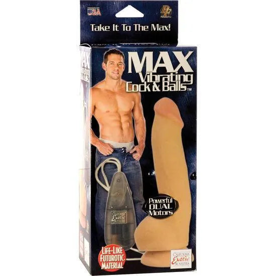 Godemichet réaliste Futurotic vibrant beige 18cm avec ventouse, texture veines et testicules, emballage illustré.