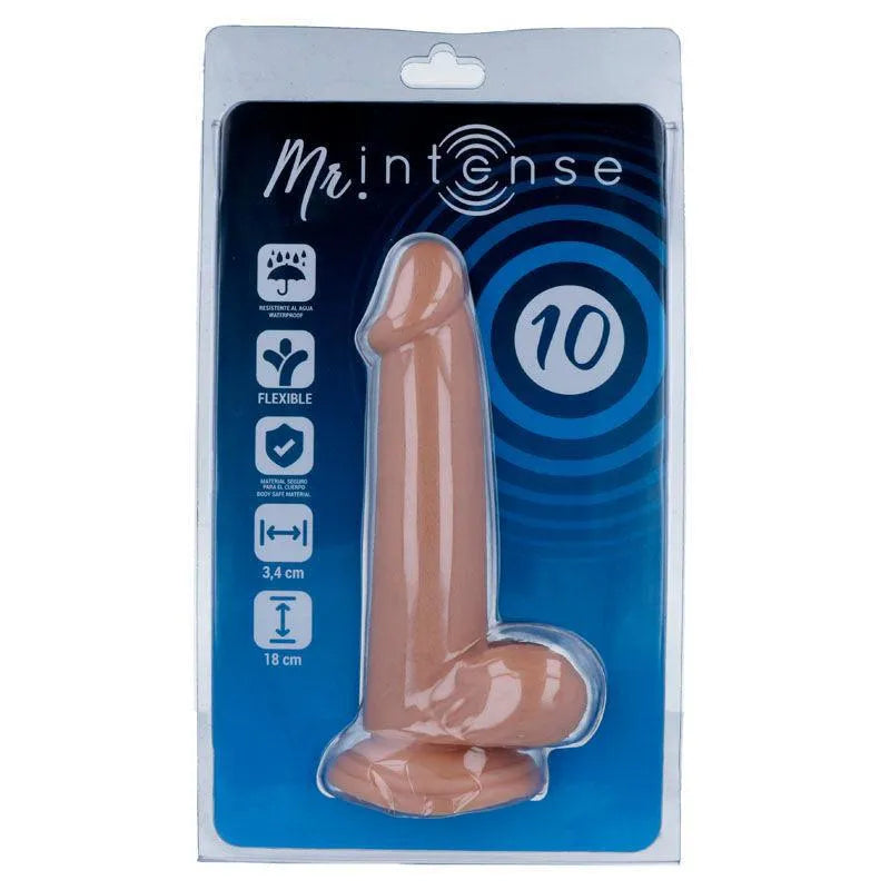 Godemichet réaliste beige, texture peau, ventouse puissante, hypoallergénique, idéal débutants, emballage Mr. Intense.