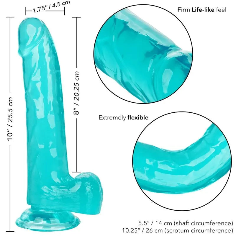 Godemichet réaliste bleu TPR 20 cm, ventouse puissante, flexible, étanche, compatible harnais, texture réaliste.