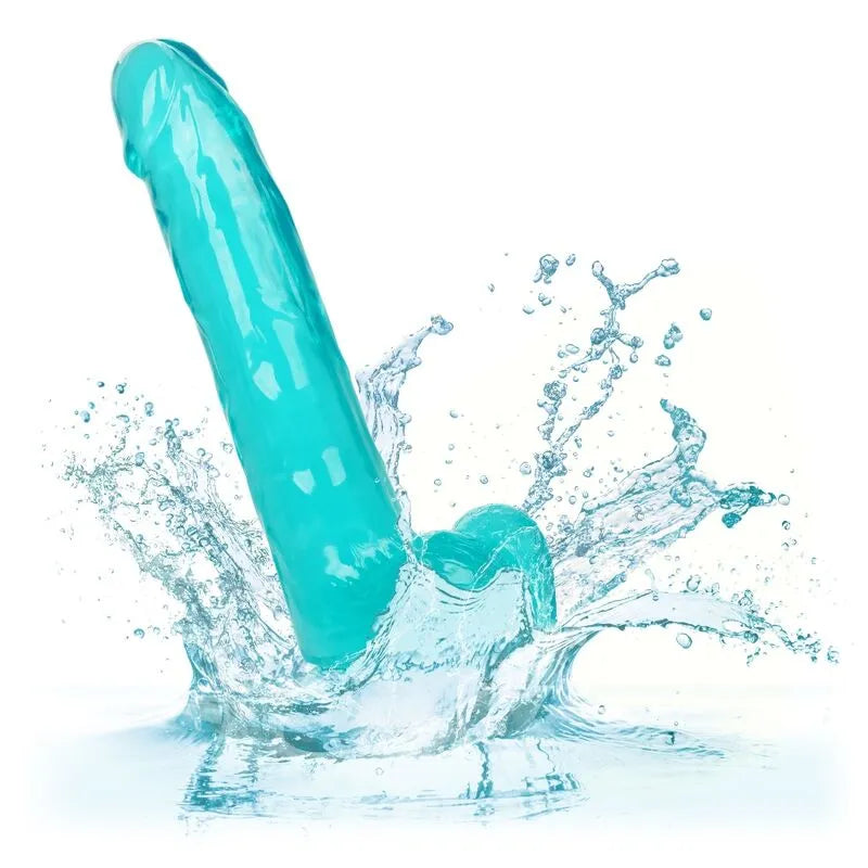 Godemichet réaliste bleu TPR 8 pouces, ventouse puissante, flexible, étanche, éclaboussures d'eau, fond blanc.