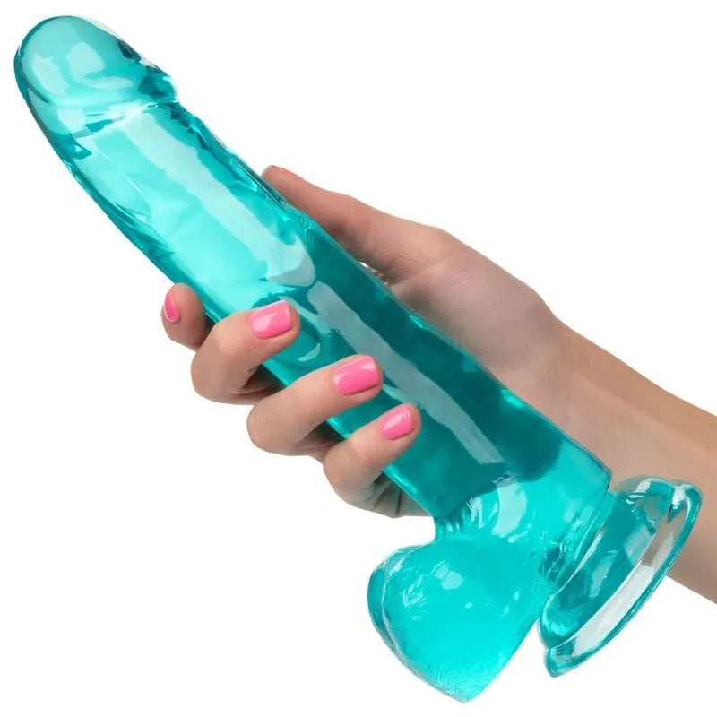 Godemichet réaliste bleu TPR 20 cm, ventouse puissante, flexible, étanche, compatible harnais, tenu en main.